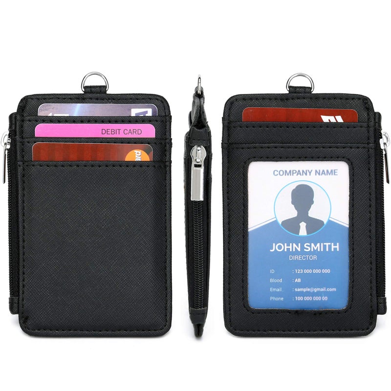 Leamekor ID Badge Holder with Neck Lanyard PU Leather ID Badge Wallet Case with 1 ID Window, 4 Card Slots, 1 Side Zipper Pocket - Image 3